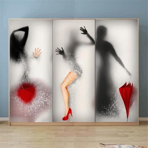 Red Umbrella Girl 3D Door Sticker Home Decor Design Wallpaper Sticker For Door Self Adhesive Removable Mural For Girls Bed Room