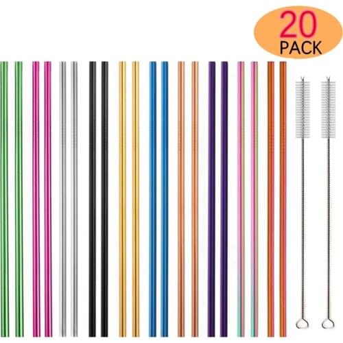 Dropship 10 Colors Metal Drinking Straws 20Pcs Colorful Reusable 304 Stainless Steel Straws Set with 2 Brush for Bar Drinkware