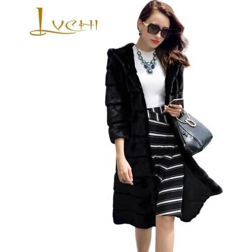 LVCHI 2019 Mink Coat Noble New Natural mink fur outerwear Full Pelt coats long style Black Leather jacket for women Fashion Coat