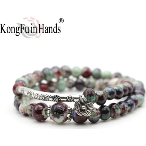 New Arrivel Bohemian green beads Bracelets Multilayer Charm bangle Elastic Line handmade little flower For Women Jingdezhen