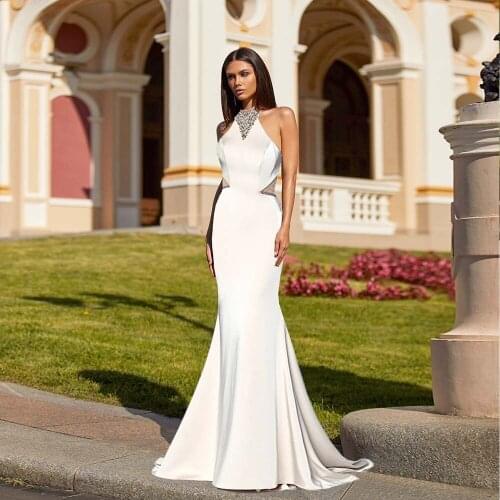New Ivory Satin Long Mermaid Prom Dresses Halter Beaded Sleeveless Women Party Gown
