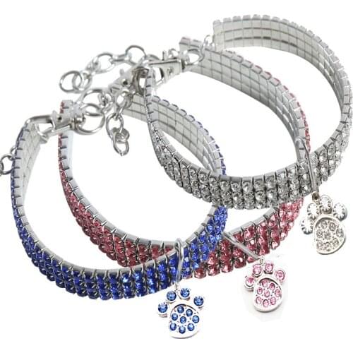 Cute Bling Crystal Rhinestone Dog Paw Necklace Jewelry Pet Cat Dog Heart Necklace Collar Pink Blue White Love Paw Pendants