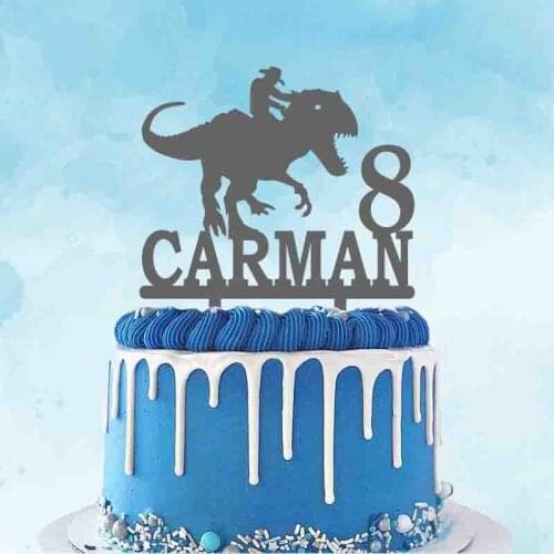 Personalized Name Age Cowboy Ride a Dinosaur Silhouettes Cake Topper For Dinosaur Theme Birthday Party Cake Decoration Topper