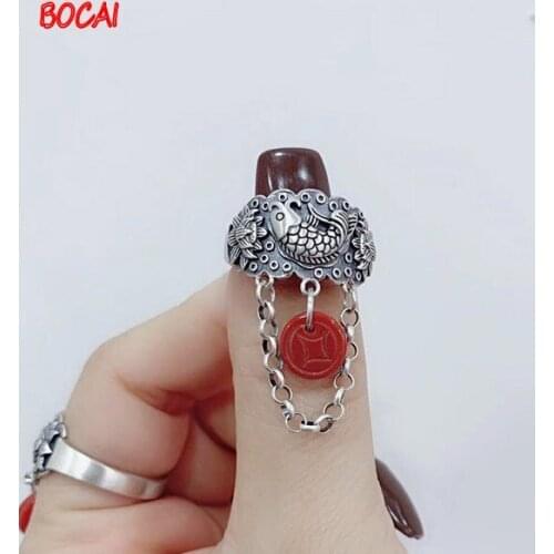 S925 sterling silver retro matte Thai silver womens open fish lotus tassel jewelry ring