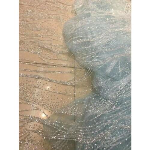 Light blue 5yards glued glitter tulle mesh hand print lace fabric for sawing wedding bridal /evening dress Bzl-10251