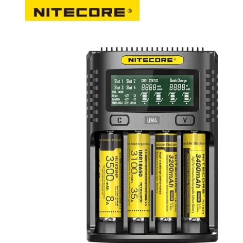 Nitecore UM4 USB four-slot QC Charger Intelligent Circuitry Global Insurance li-ion AA 16340 18650 14500 21700 26650 Charger