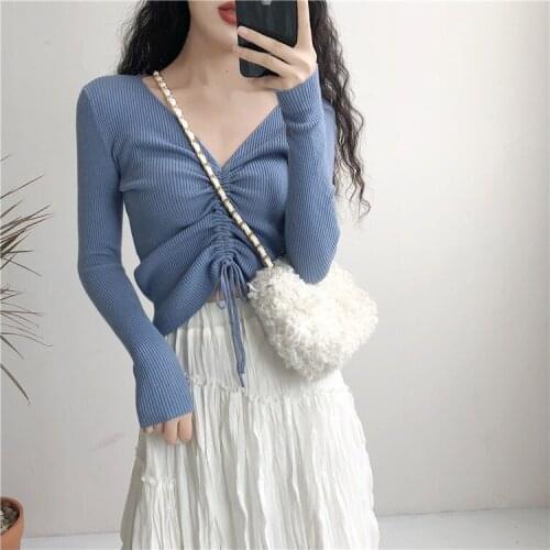 Women Sexy V Neck Ribbed T-shirt Women Elegant Drawstring Tie Up Ruched Tshirt Streetwear Solid Slim Crop Top 2020 New