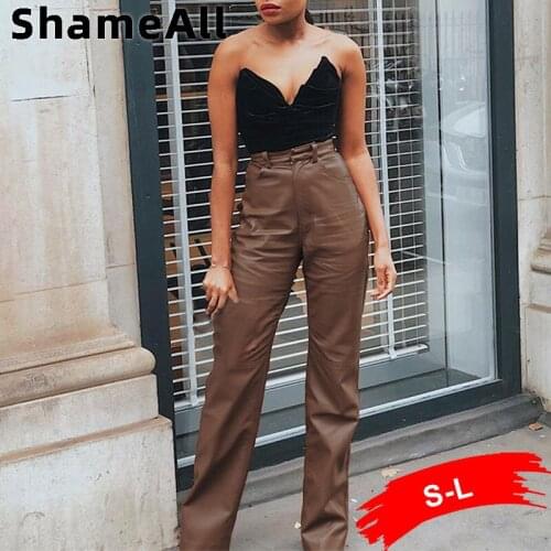 Brown Faux PU Leather Straight Pant for Women High Waist Wide Leg Cargo Trousers Casual Vintage Streetwear Loose Leisure Outfits