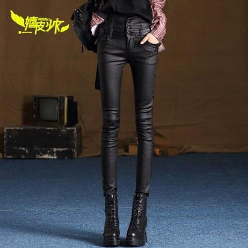 PU leather pants womens thin section 2019 new high waist winter plus velvet thick boots pants slim and long outer wear leggings