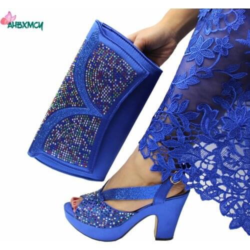 Sewwt Women Shoes and Bag to Match in Royal Blue Color Slingbacks Sandals with Shinning Crystal for Weddng Party