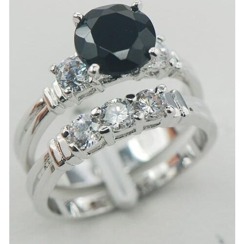 Black Onyx White Crystal Zircon Women 925 Sterling Silver Ring F838 Size 6 7 8 9 10
