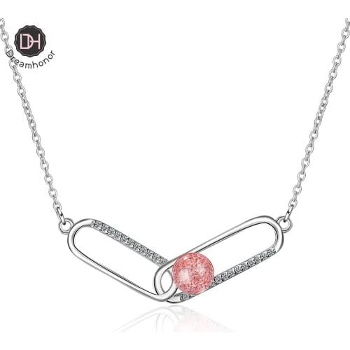 Dreamhonor 925 Sterling Silver Womens Fashion New Jewelry Paperclip Pink Strawberry Crystals Pendant Necklaces Long 45CM