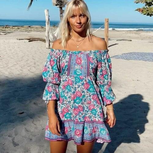 BOHO INSPIRED blue floral off the shoulder summer dress cotton ruffled belt tied chic mini boho dress for women new party dress