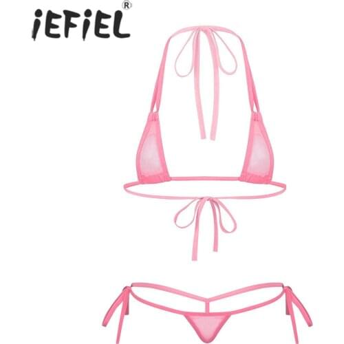 Women See-through Mesh Lingerie Suit Bikini Set Summer Swimwear Halter Neck Bra Tops with Low Waist G-string for Swimming Pool