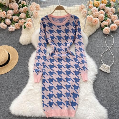 Knit Dress Autumn Vintage Houndstooth Knitting Dress Runway Women Long Sleeve England Elasticity Sweater Bodycon Pencil Dresses