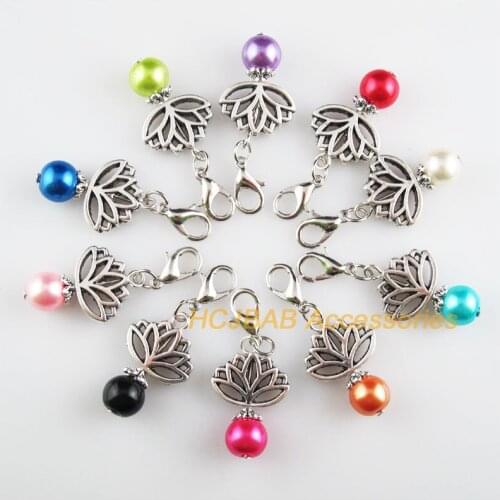 10 New Lotus 16x25mm Charms Mixed Ball Glass Tibetan Silver Plated Retro With Lobster Claw Clasps