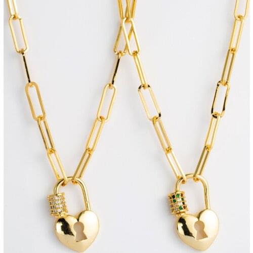2PCS CZ Micro Paved Lock Heart-Shape Screw Clasps Pendant Necklace Zirconia Pendant Fashion Necklace Metal Jewelry