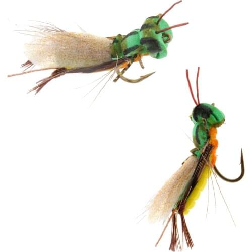 2pcs Grasshopper Fly Fishing Lures Floating Locust Dry Flies W/ Single Hook