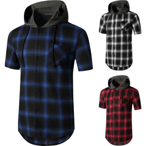 2021 Short Sleeve Hoodie Tee Trendy Mens Fashion Street Hooded Plaid Flannel Shirt Tops