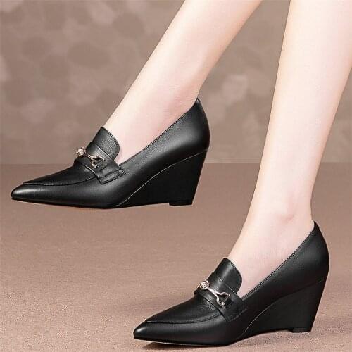 2021 Party Oxfords Shoes Women Genuine Leather Wedges High Heel Pumps Shoes Female Low Top Pointed Toe Office Shoes Casual Shoes
