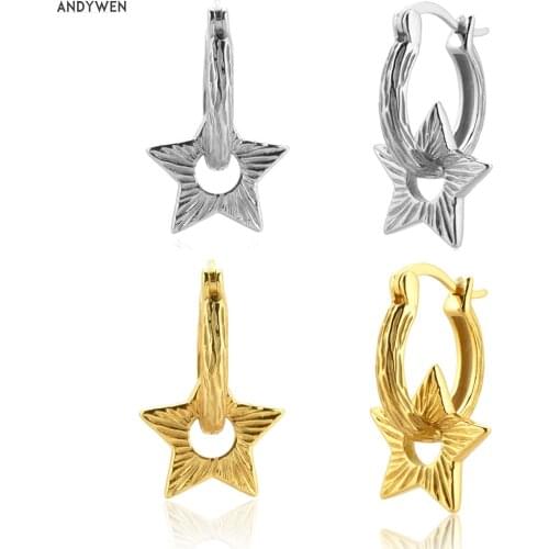 ANDYWEN 100% 925 Sterling Silver Gold 11mm Big Star Hoop Tree Shape Circle Round Rock Punk Loop Luxury New 2020 Fine Jewelry