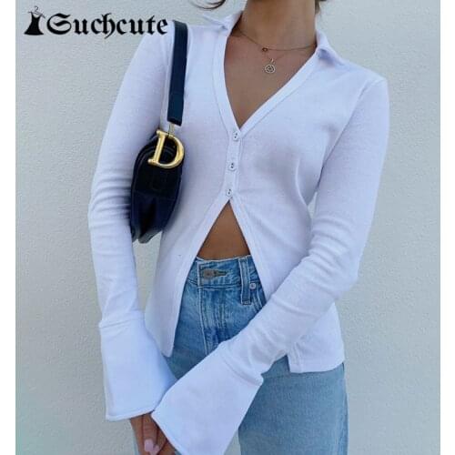 SUCHCUTE White T-shirts Women Sexy Split Button Up Slim Cropped Tops V Neck Korean Fashion Casual Kawaii Shirts Streetwear Tee