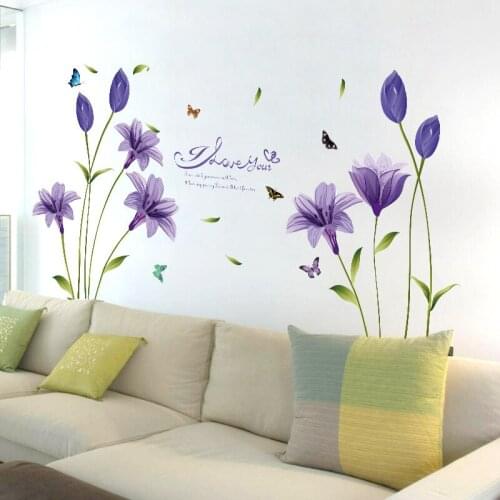 Large size 85x160cm Romantic purple lily wall sticker/For home decor Sitting room TV background wall arts poster sticker mural