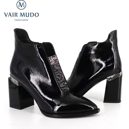 VAIR MUDO 2021Spring Chelsea Boots Ankle Shoes Women Thick Heels Pointed Toe Patent Leather Autumn Winter High Quality Lady DX20