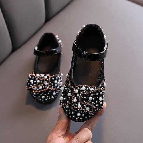 Baby Girls Leather Shoes Medium Big Kids Dress Shoes Flat Casual Shoes Crystal Shoes with Pearls Beading Children Princess Shoes