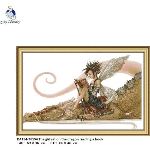 Joy Sunday The girl sat on the dragon reading a book Counted Cross Stitch DIY 14CT and 11CT For Embroidery Home Decor