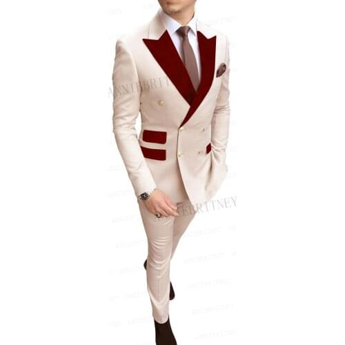 Classic Beige Mens Suits Tailored Double Breasted Slim fit Groom Wedding Suits Burgundy Velvet Lapel Tuxedo Dress Blazer Pants