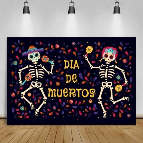 Laeacco Skeleton Day of The Dead Mexican Festival Flower Backdrop For Photographic Family Party Photocall Poster Photo Studio