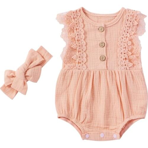 Newborn Baby Summer Clothing Cotton Linen Outfit Sleeveless Lace Romper+Bow Headband Set for 0-12M Baby Girls