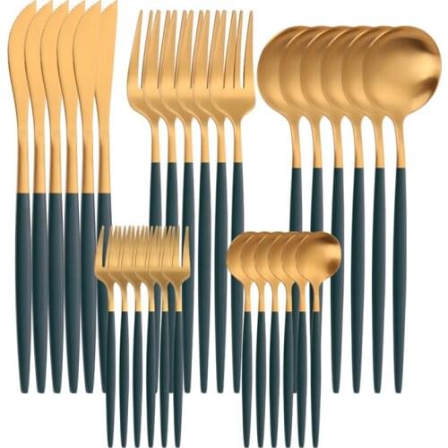 30Pcs Matte Green Gold Cutlery Set Fork Spoon Knife Stainless Steel Tableware Kitchen Complete Dinnerware Eco Friendly Flatware