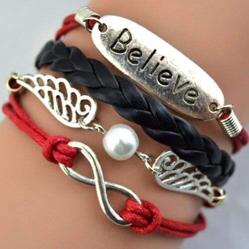 Fashion Alloy Infinity Angel Wings Believe Charms Cuff Bracelet Infinities Braided Leather Bangle Wrap Rope Chain Women Jewelry