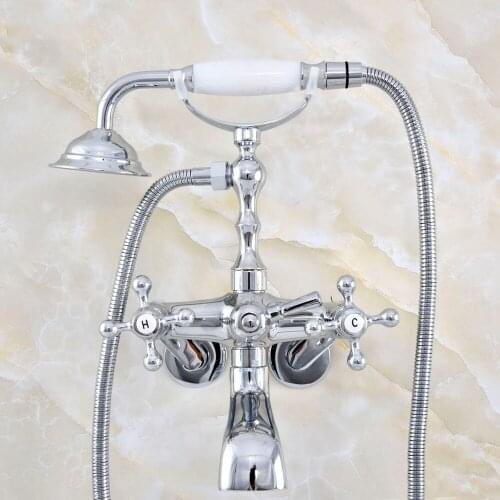 Silver Polished Chrome Brass Wall Mounted Claw Foot Bathroom Tub Faucet Mixer Tap With Handshower - Adjusts From 3-3/8" mqg416