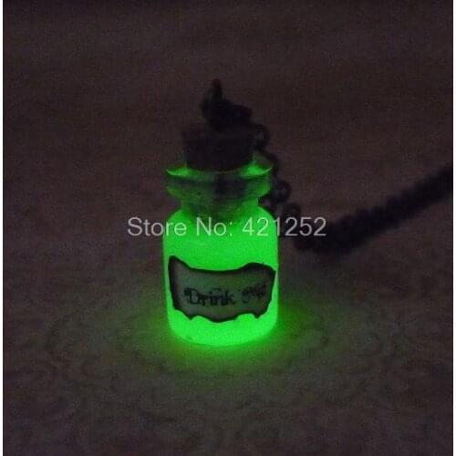 12pcs/lot Alice in Wonderland inspired Necklace Glow In The Dark Drink Me Necklace in bronze