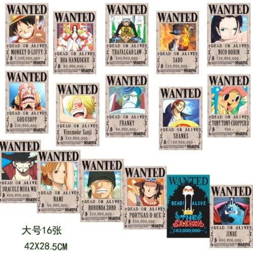16 pcs/set Large One Piece Luffy 1.5 Billion Animation Posters Sticker Reward Order Wanted Wallpaper Posters 42X28.5CM