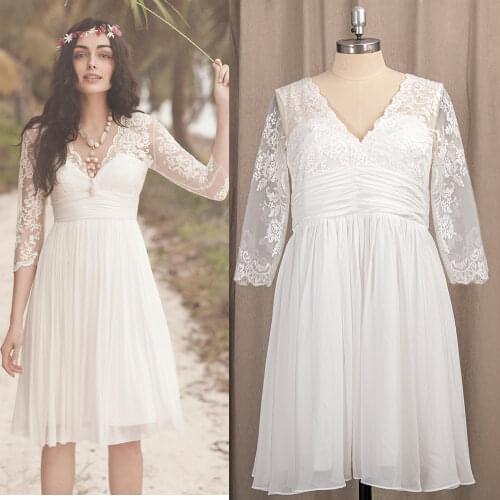 Midi Length Lace Wedding Bridesmaid Dress V Neck Three Quarter Sleeves Short Chiffon Ruched Waist A Line Illusion Bridal Gown