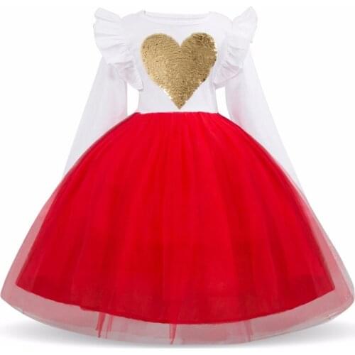 Christmas Girls Long Sleeve Dress Sequins Heart For Kids Dresses For Girls Princess 3-8Yrs Vestidos Xmas New Year Costume