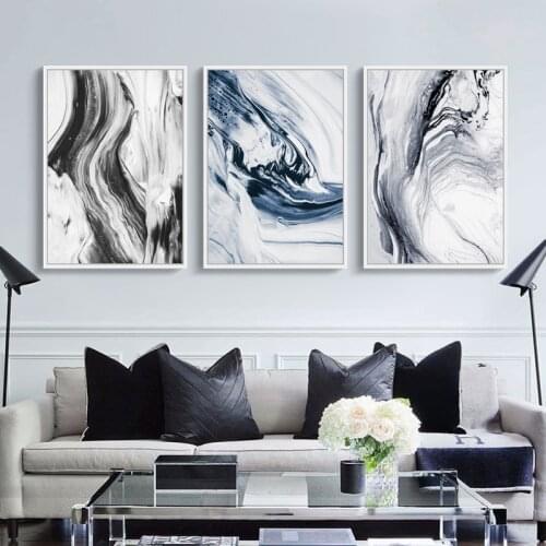 Nordic Abstract Black and White Blue Water Ripples Shape Wall Art Canvas Painting Poster Modern Print Picture Living Room Decor