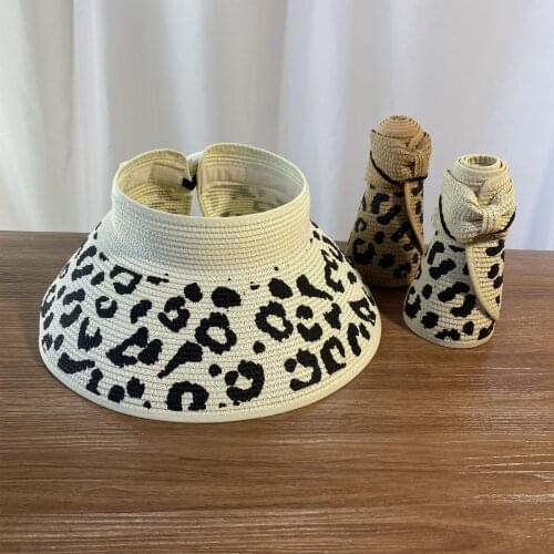 OMEA leopard straw Visor bow floppy Hat Summer Wide Brim Sun Protection Caps for Ladies Luxury Beach Hat white Fashion
