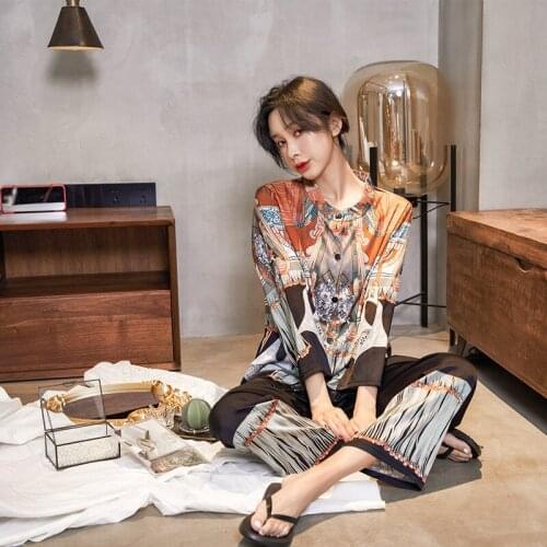 Lady 2PCS Satin Sleep Suit Spring Autumn Loose Homewear National Style Print Nightwear Casual Pajama O-Neck Shirt&Pant Sleepwear