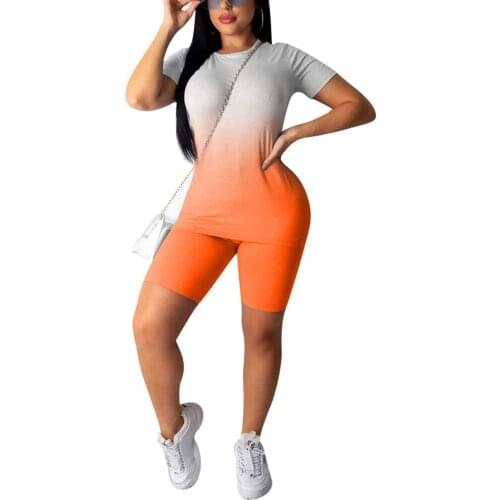 2021 Women 2PCS Sport Set Gradient Pattern Short Sleeve Round Neck Slim Top High Waist Elastic Band Short Pants Tracksuit Set