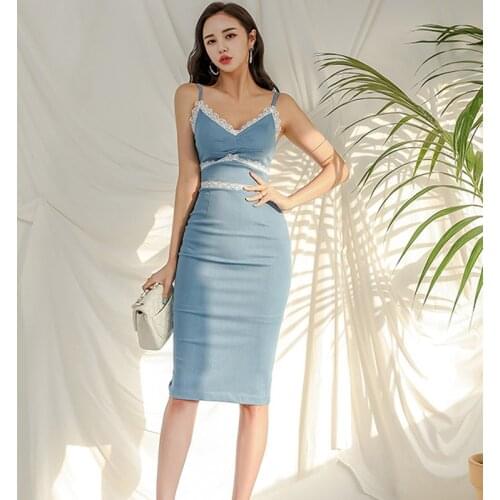 New arrival korean fashion denim dress women elegant summer sexy spaghetti strap v-neck temperament simple slim pencil dress