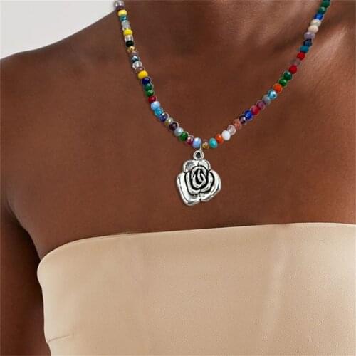 Trendy Silver Color Flower Pendant Necklace For Women Summer Bohemian Colorful Beaded Necklaces Female Jewelry