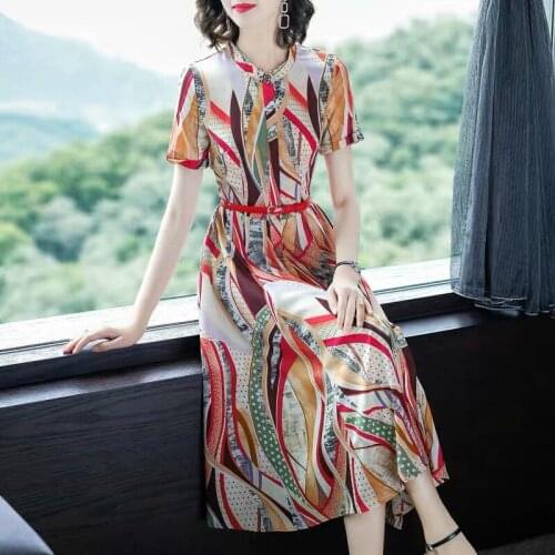 Vestidos French Print False Silk Dress For Women Summer 2021 New Vintage Slim Belt Stand Collar Short Sleeve Mid-Calf Clothes