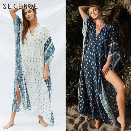 Women V-Neck Bikini Cover-Ups Boho Polka Dot Printed Dresses Beach Holiday Casual Ladies Dress Robe Batwing Sleeve High Split