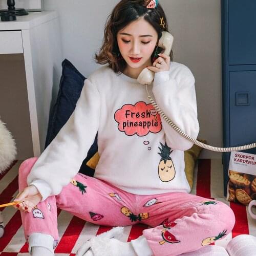 Winter Warm Womens Sleepwear Thick Flannel Plush Pijamas Suit Home Clothes For Women Long Sleeve Pyjamas Sets Kawaii Pajamas