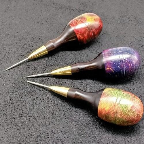 2.0mm Leather stitching holes straight round cone Damascus pattern steel awl stabilizing wood handle manual knitting tool